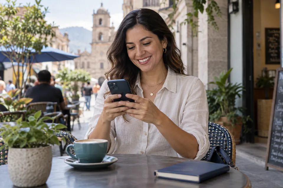 Una mujer consulta su teléfono en una cafetería al aire libre.