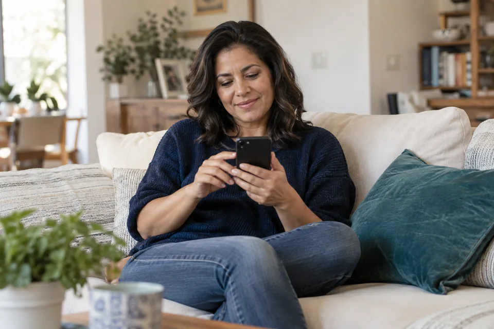 Una mujer utiliza su teléfono cómodamente desde el sofá de su casa.