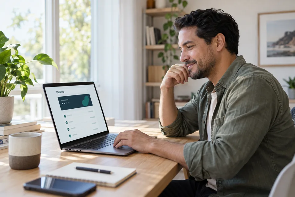 Un hombre utiliza un portátil en casa para consultar un monedero digital ilustrativo.